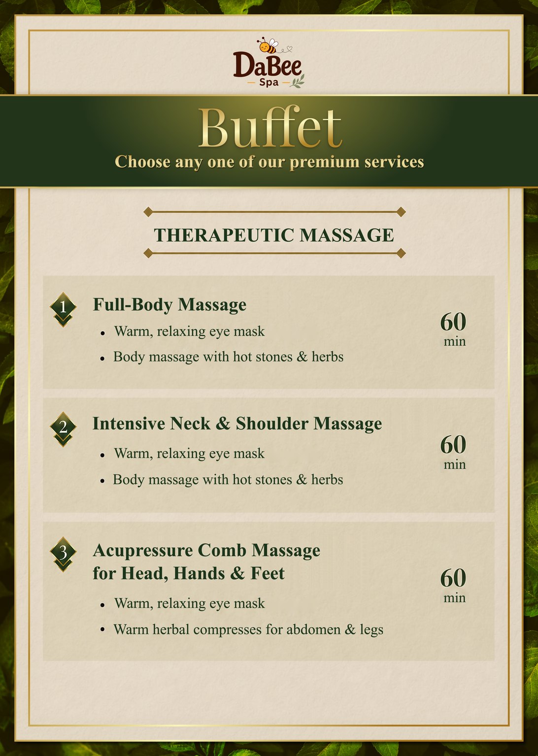 Buffet massage menu